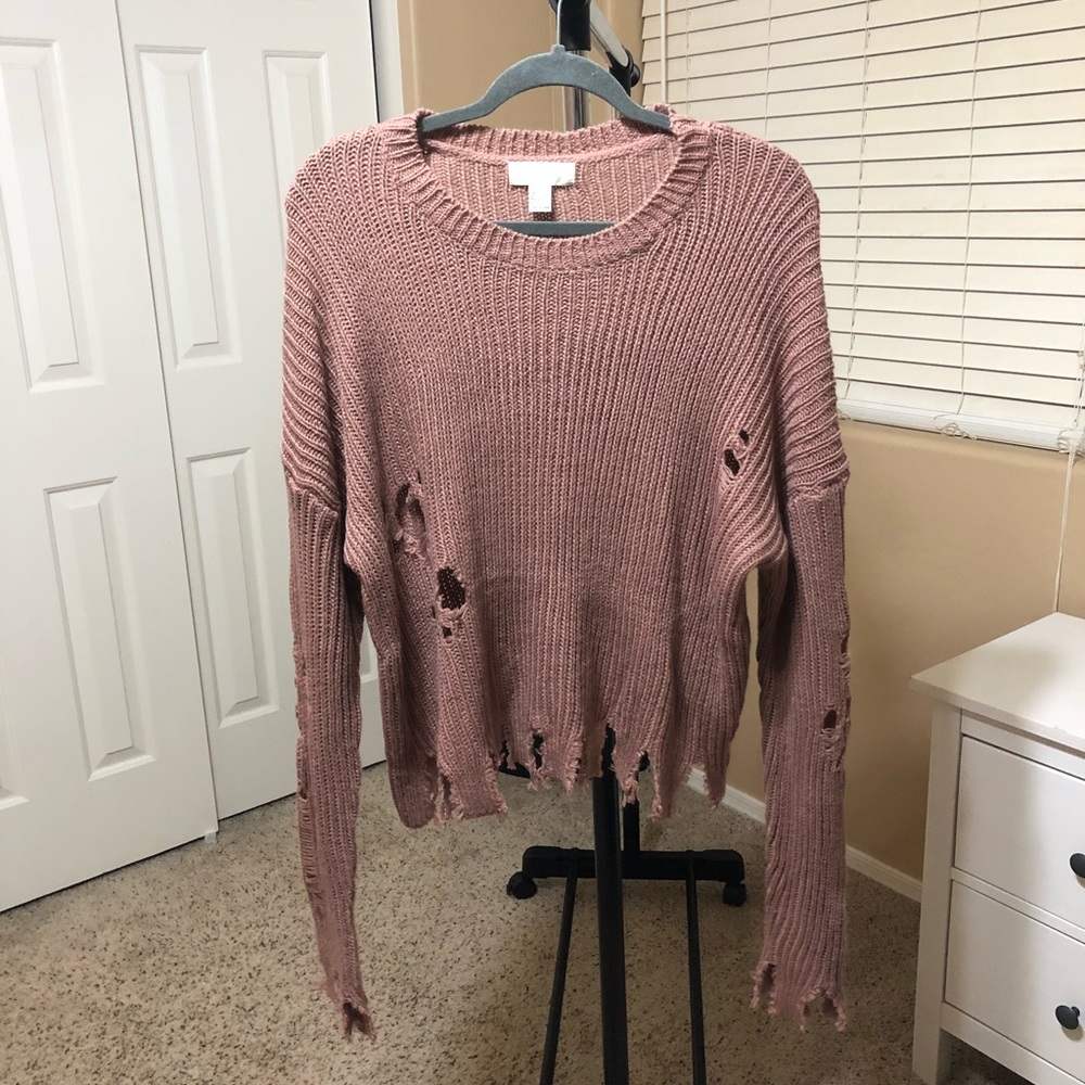 F21 Mauve Distressed V-Neck Sweater NWT